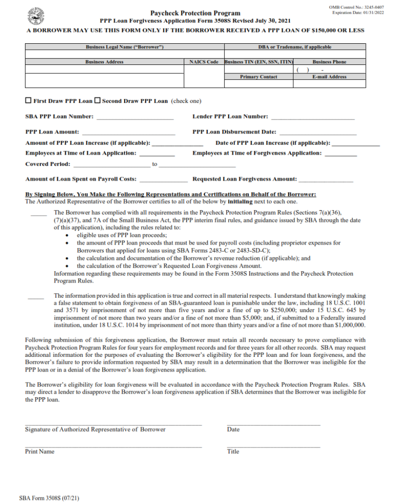 SBA Form 3508S PPP 3508S Loan Application + Instructions