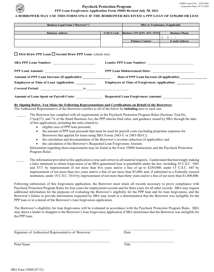 SBA Form 3508s - PPP 3508S Loan Forgiveness Application + Instructions Page 1