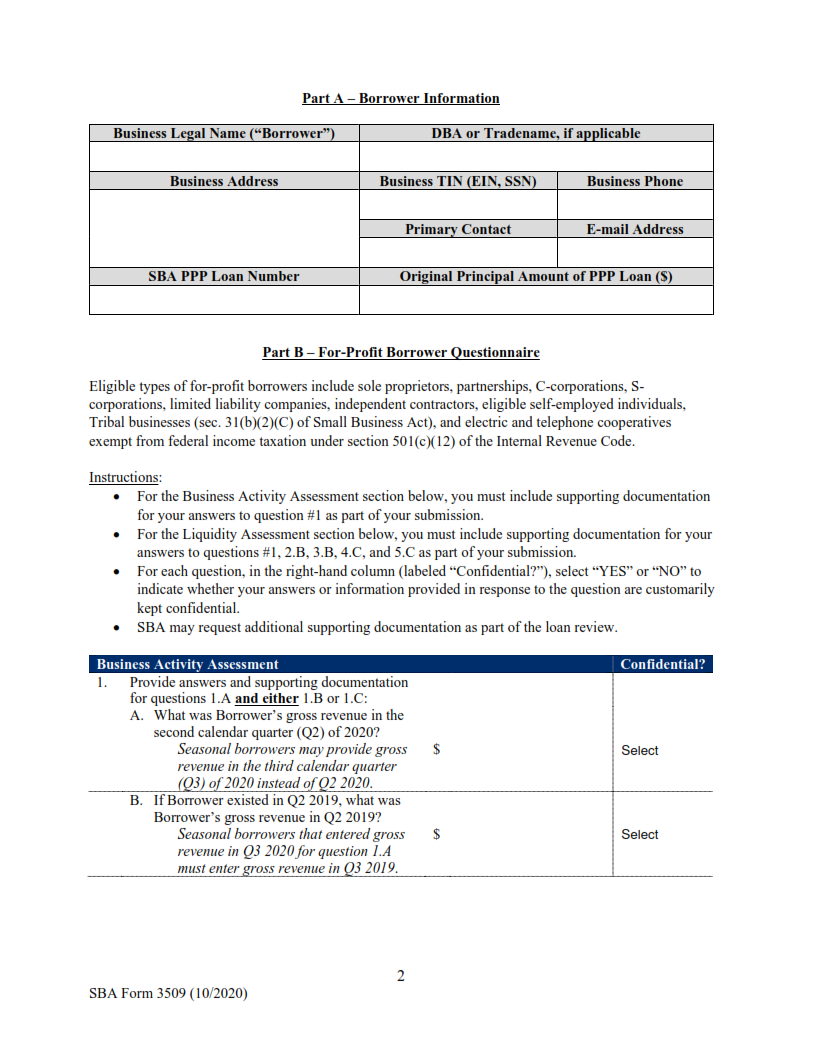 SBA Form 3509 - PPP Loan Necessity Questionnaire (For-profit borrowers) Page 2