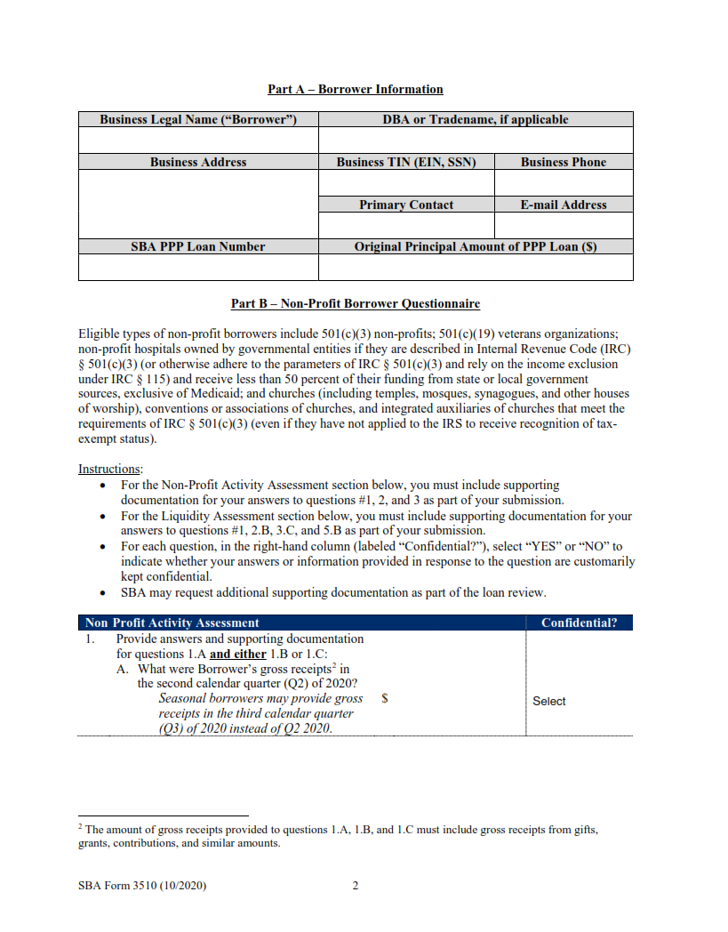 SBA Form 3510 - PPP Loan Necessity Questionnaire (Non-profit borrowers) Page 2