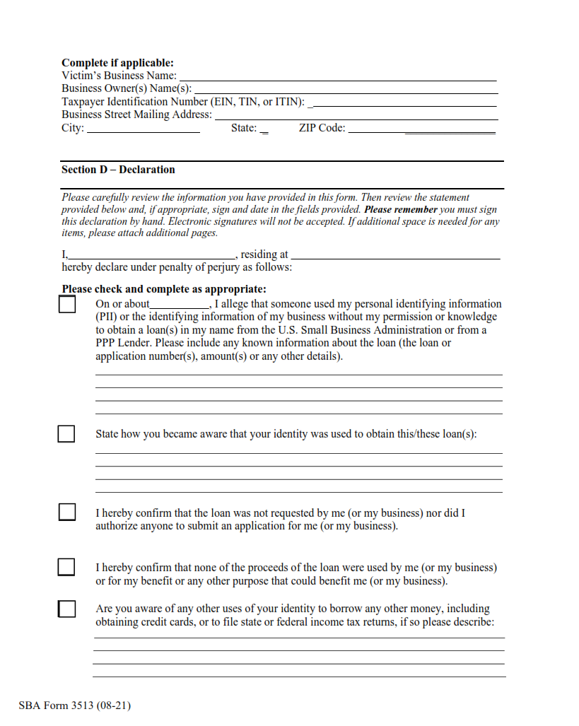 SBA Form 3513 - Declaration of Identity Theft Page 2