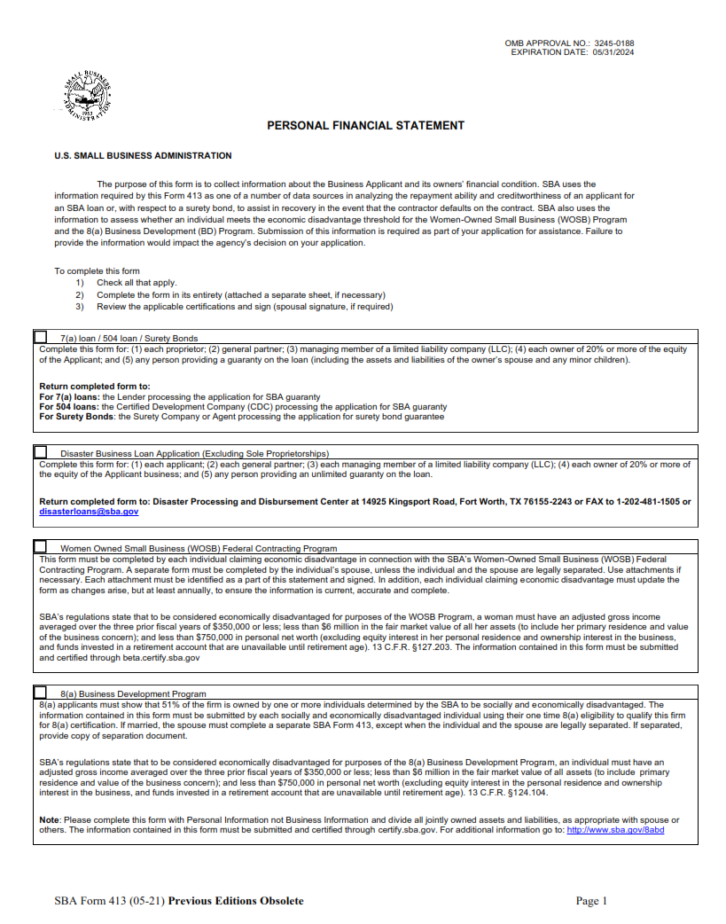 SBA Form 413 - Personal Financial Statement Page 1