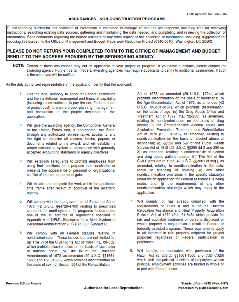 SBA Form 424B - Assurances - Non-Construction Programs Page 1