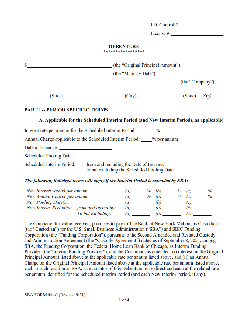 SBA Form 444C - Debenture Certification Form Page 1