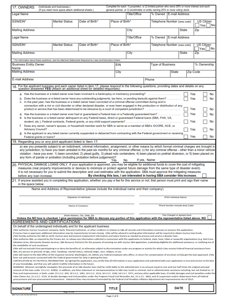 SBA Form 5 - Disaster Business Loan Application Page 2