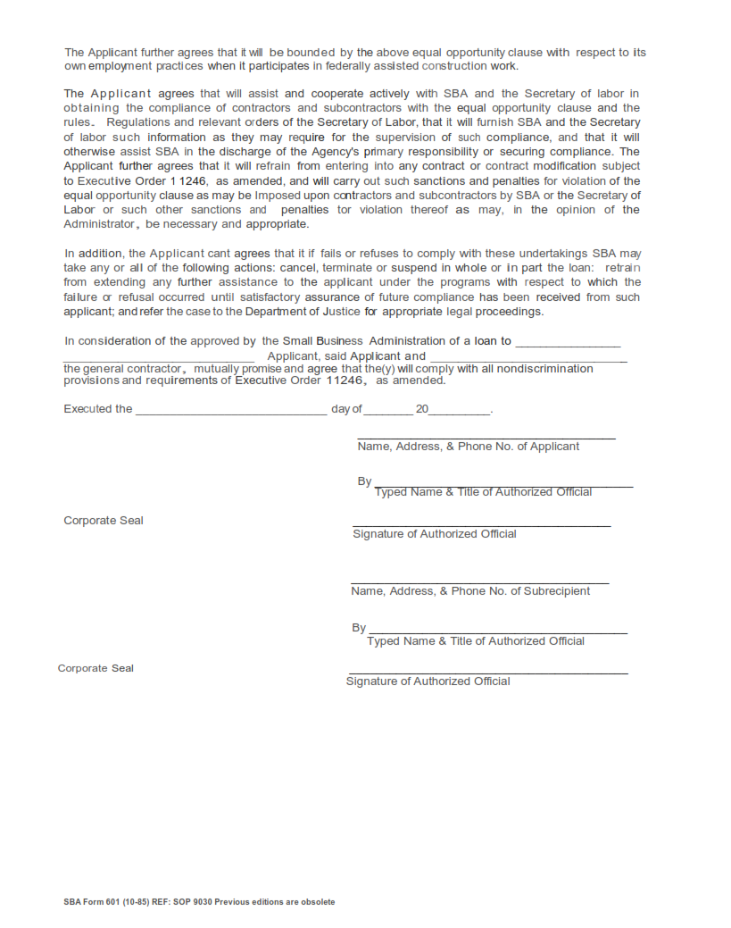 SBA Form 601 - Agreement of Compliance Page 2