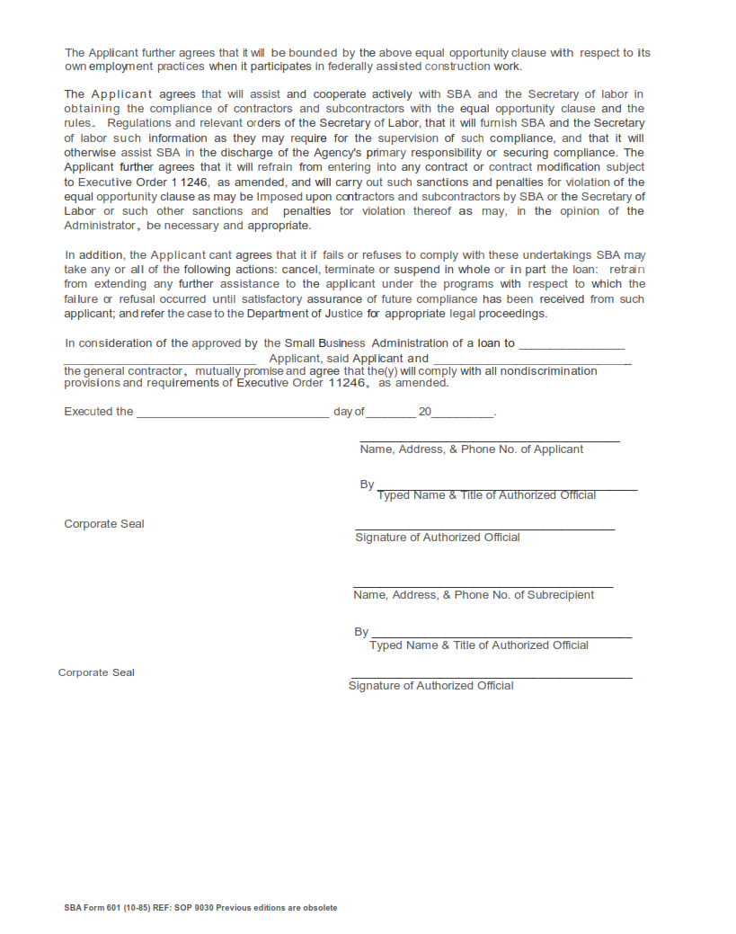 SBA Form 601 – Agreement of Compliance | Origin Form Studio