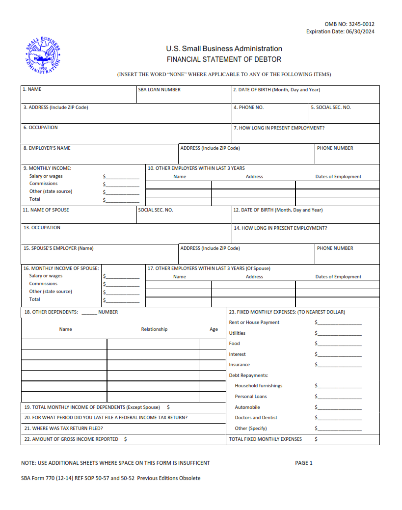 SBA Form 770 - Financial Statement of Debtor Page 1