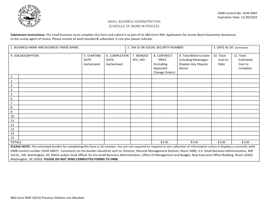 SBA Form 994F - Schedule of Work in Process