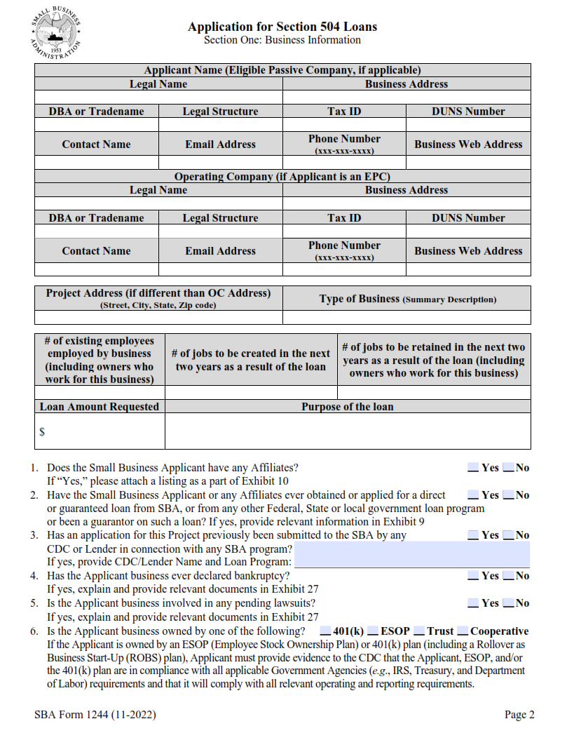 SBA Form1244 - Application for Section 504 Loans Page 2
