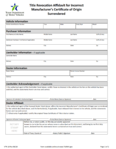 VTR-18 - Title Revocation Affidavit for Incorrect Manufacturer’s Certificate of Origin Surrendered Page 1
