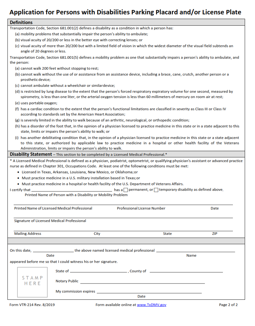 VTR-214 - Application for Persons with Disabilities Parking Placard and or License Plate Page 2