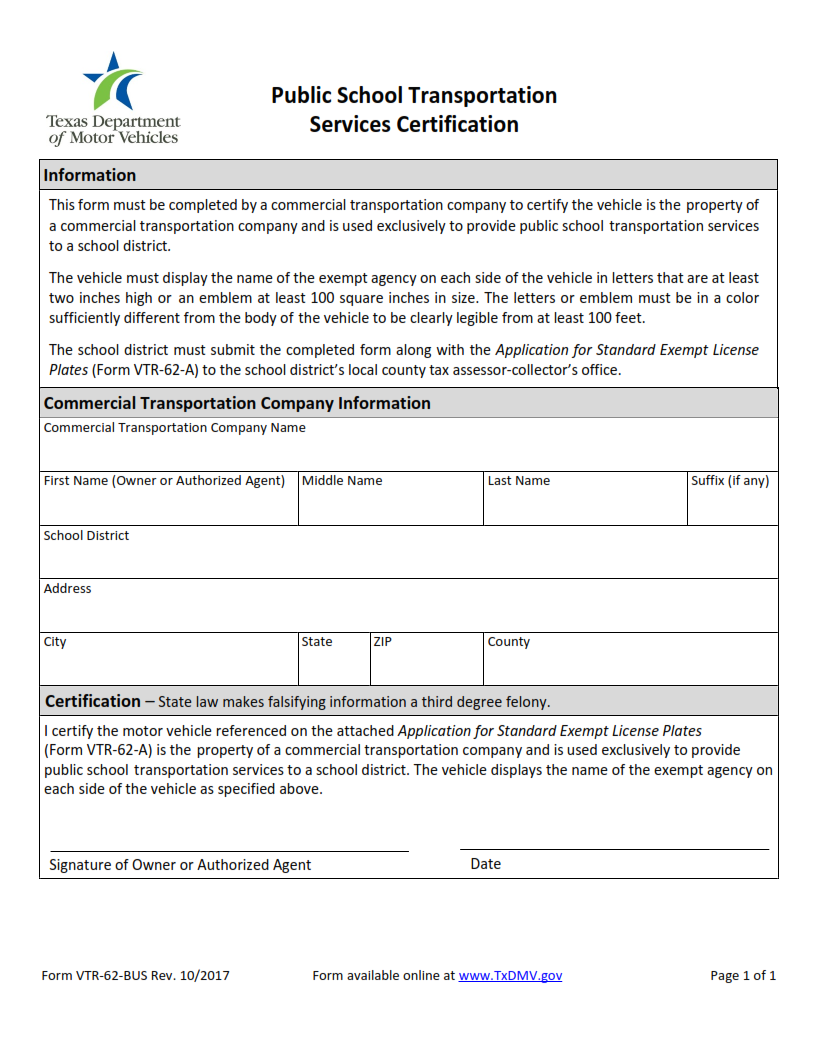 VTR-62-BUS - Public School Transportation Services Certification