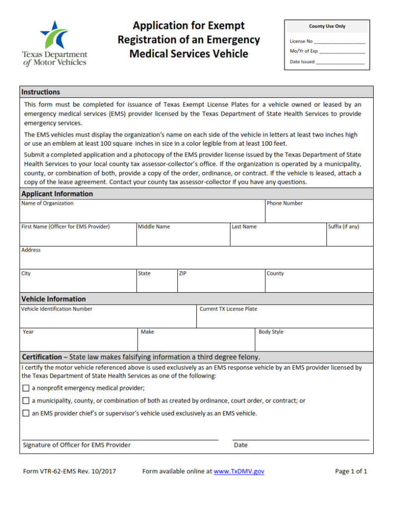 VTR62EMS Application for Exempt Registration for an Emergency