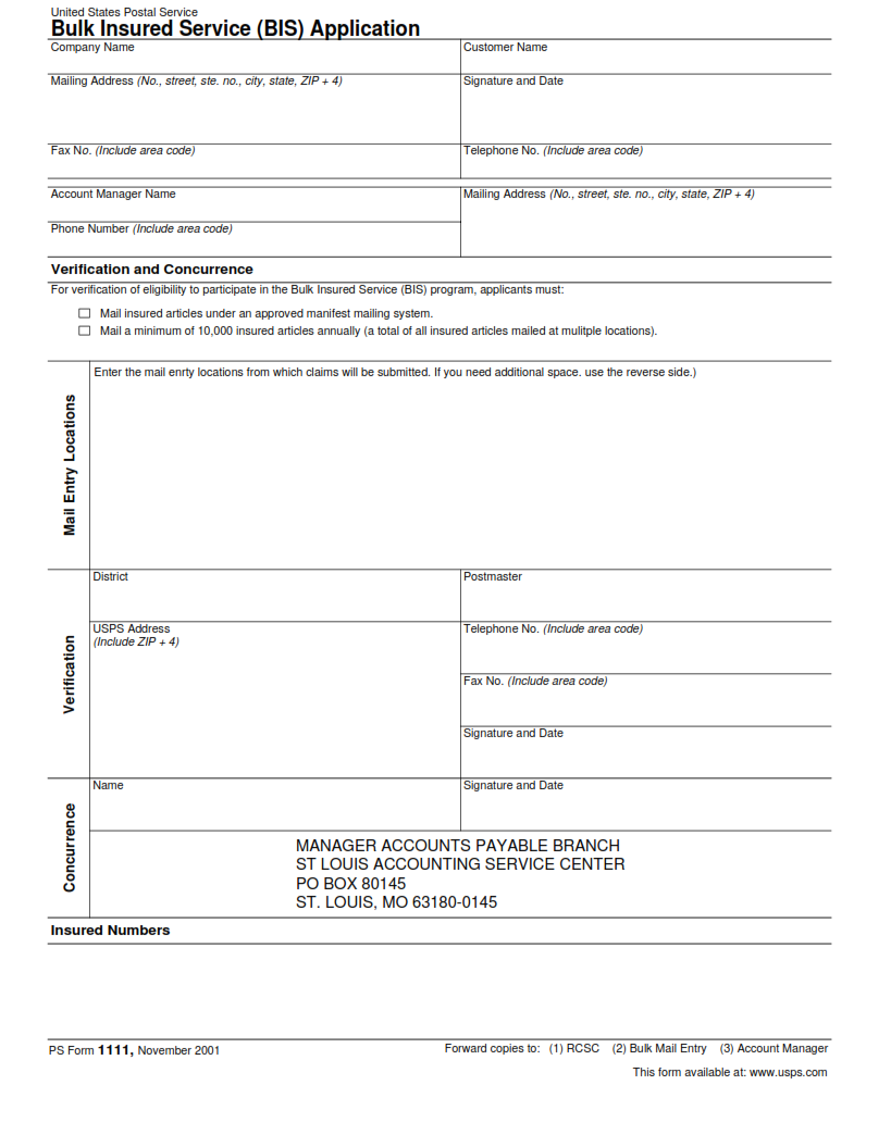 PS Form 1111 - Bulk Insured Service (BIS) Application