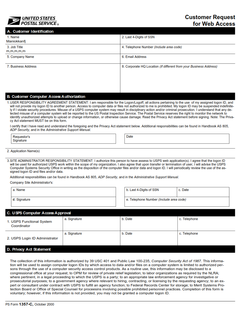 PS Form 1357-C - (Customer) Request For Web Access Page 1