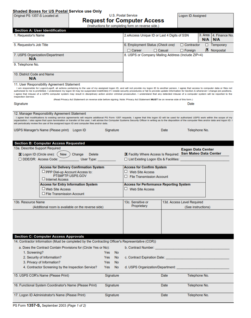 PS Form 1357-S - (Customer) Request for Computer Access Page 1