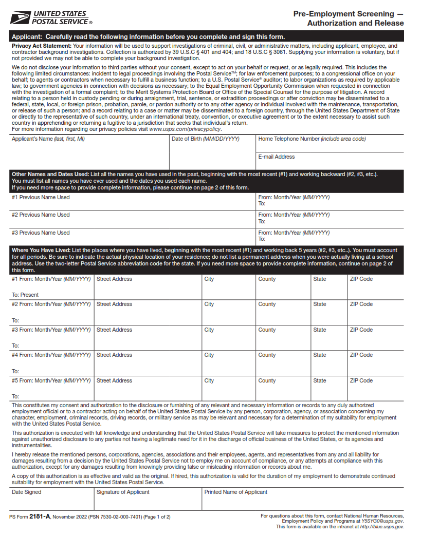 PS Form 2181-A - Pre-Employment Screening - Authorization and Release Page 1