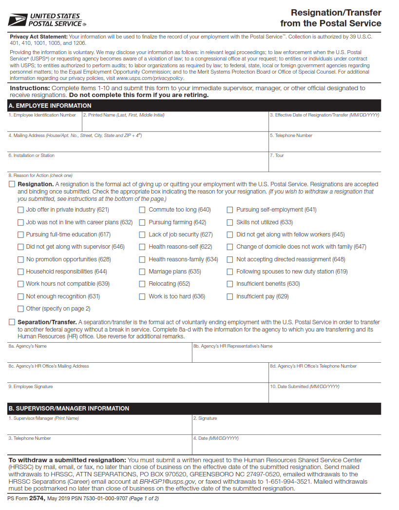 PS Form 2574 - Resignation Transfer From The Postal Service Page 1