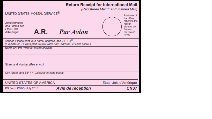 PS Form 2865 - Return Receipt for International Mail page 1