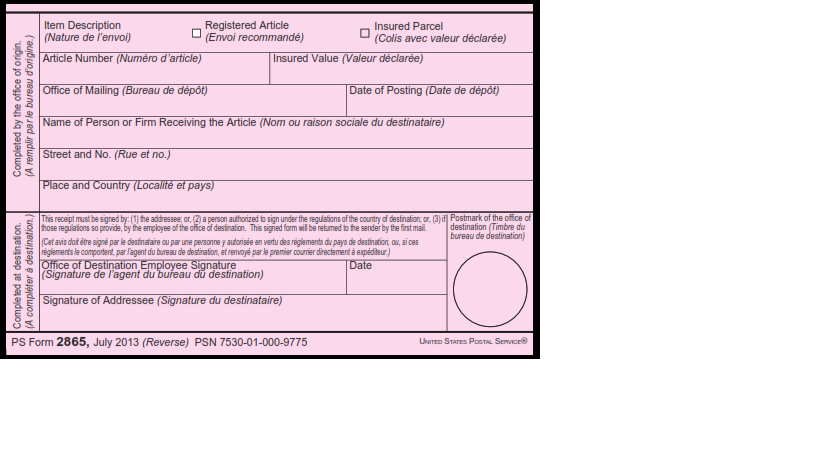 PS Form 2865 - Return Receipt for International Mail page 2