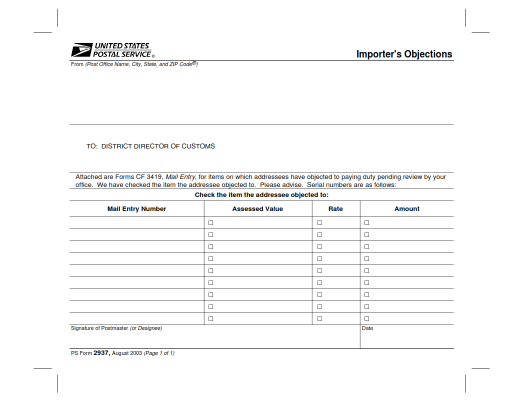 PS Form 2937 - Importer's Objections