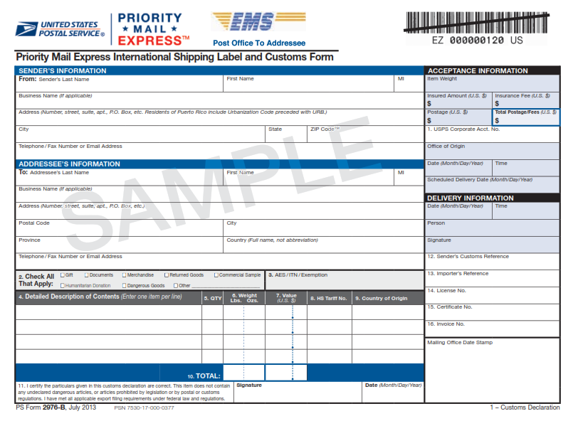 PS Form 2976-B - Priority Mail Express International Shipping - Reference Only Order from MDC using PSN 7530-17-000-0377 page 2