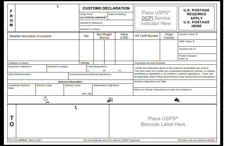 PS Form 2976-C - OCPI Customs Declaration Page 1