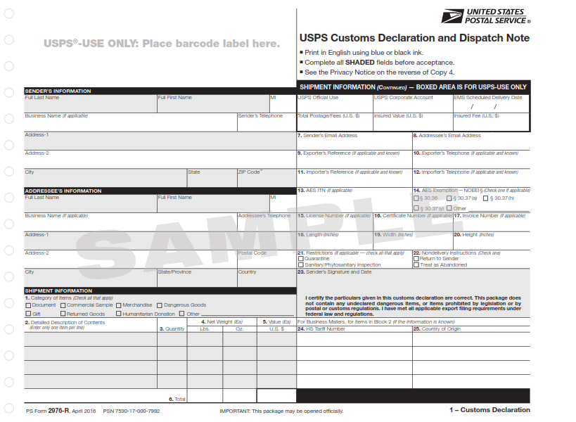 PS Form 2976-R - USPS Customs Declaration and Dispatch Note - Reference Only Order from MDC using PSN 7530-17-000-7992 Page 2