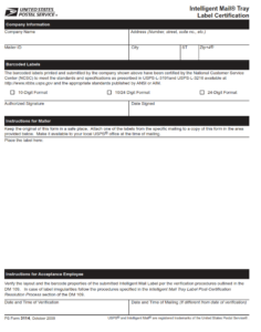 PS Form 3114 - Intelligent Mail Tray Label Certification