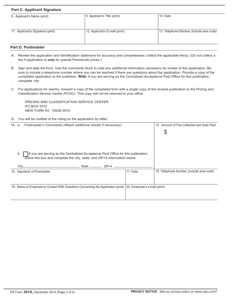 PS Form 3510 - Application for Reentry or Special Price Request for Periodicals Publication Page 2