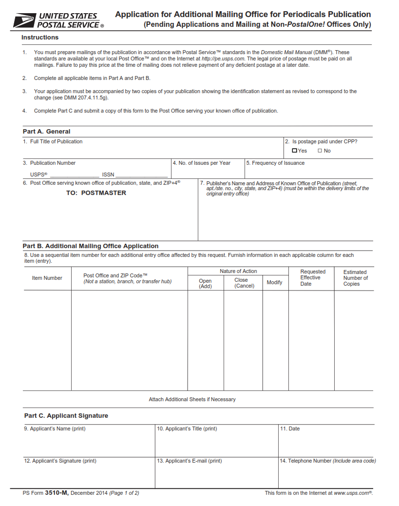 PS Form 3510-M - Application for Additional Mailing Office for Periodicals Publication Page 1