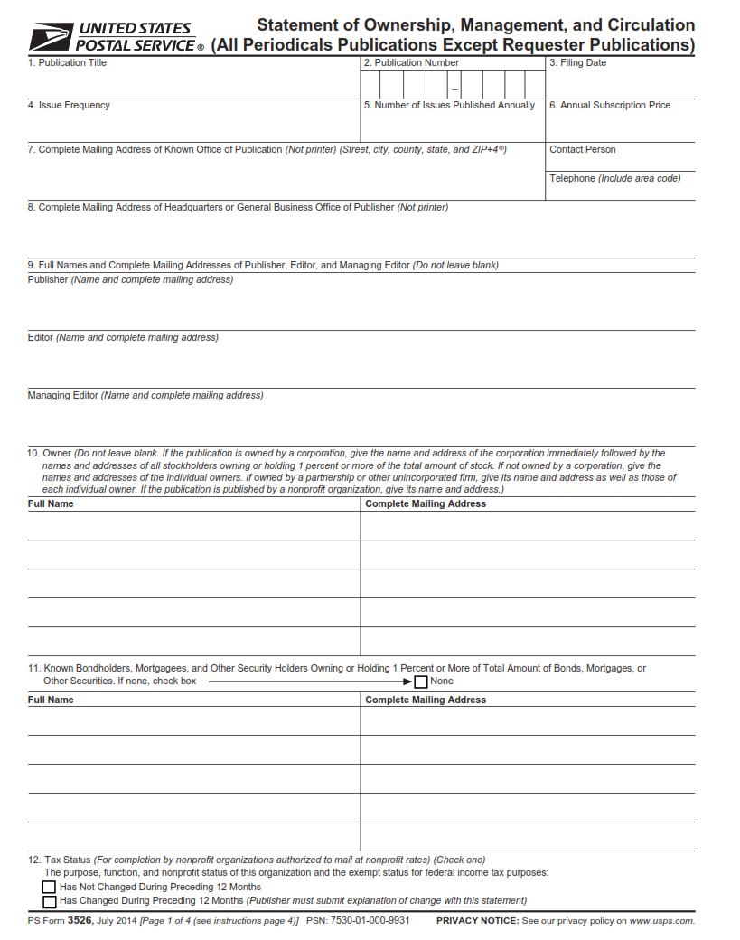 PS Form 3526 - Statement of Ownership, Management, and Circulation Page 1