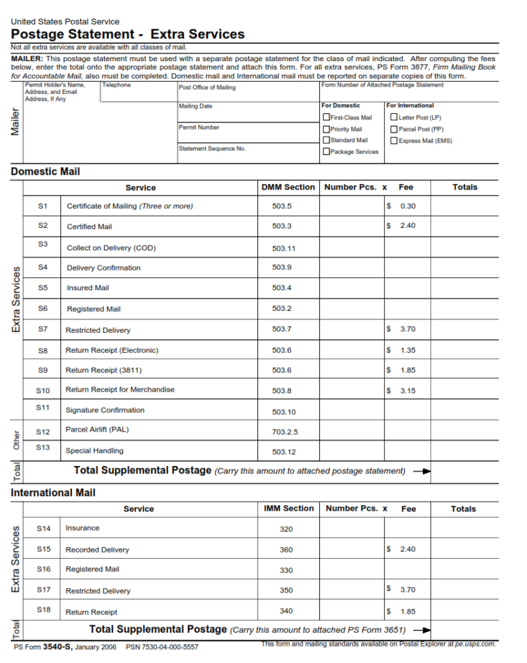 Extra Postage Example PS Form 3540-S – Postage Statement – Extra Services | Origin Form Studio