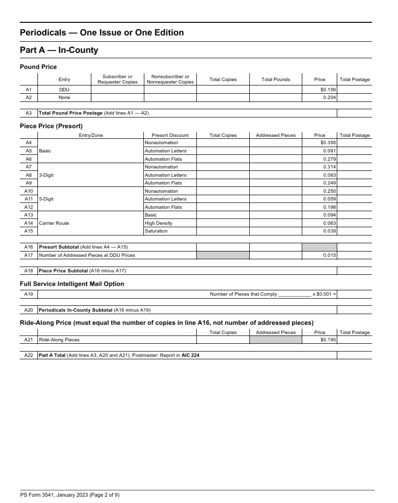 PS Form 3541 - Postage Statement - Periodicals - One Issue or One Edition Page 2