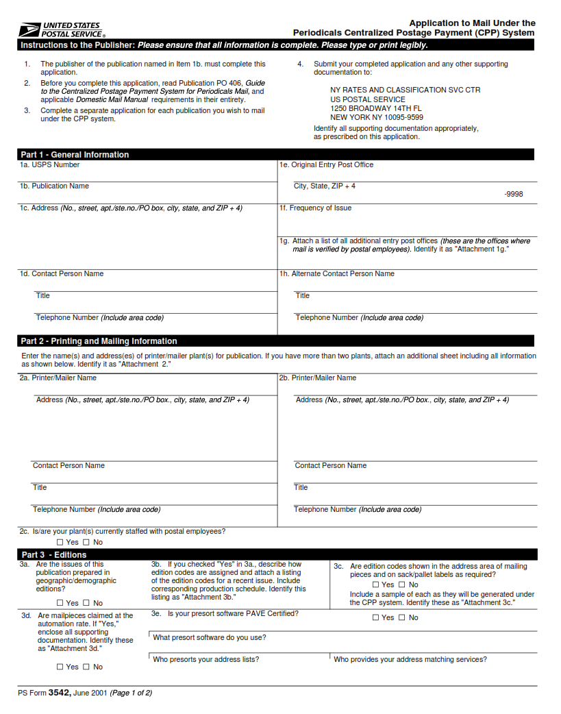 PS Form 3542 - Application to Mail Under the Periodicals Centralized Postage Payment (CPP) System Page 1