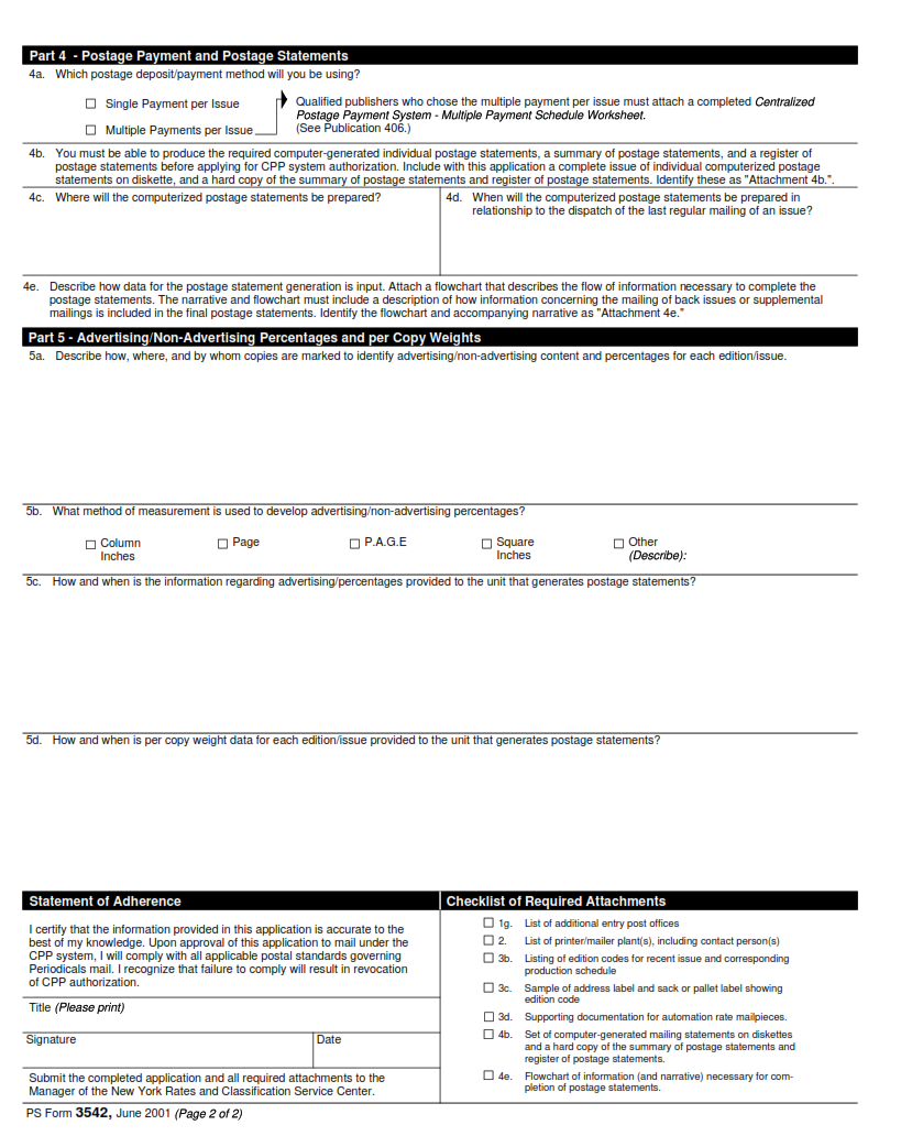 PS Form 3542 - Application to Mail Under the Periodicals Centralized Postage Payment (CPP) System Page 2
