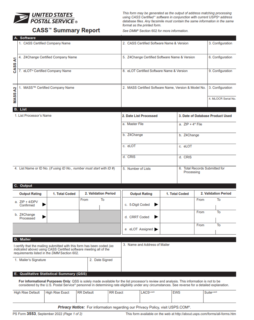 PS Form 3553 - CASS Summary Report page 1