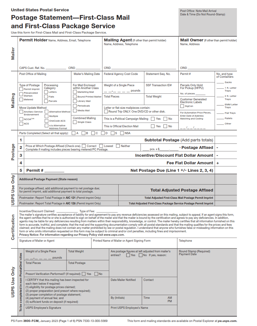 PS Form 3600-FCM - Postage Statement — First-Class Mail and First-Class Package Service Page 1