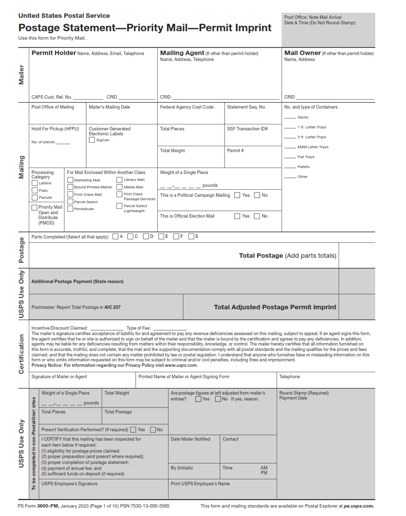 PS Form 3600-PM - Postage Statement - Priority Mail - Permit Imprint Page 1