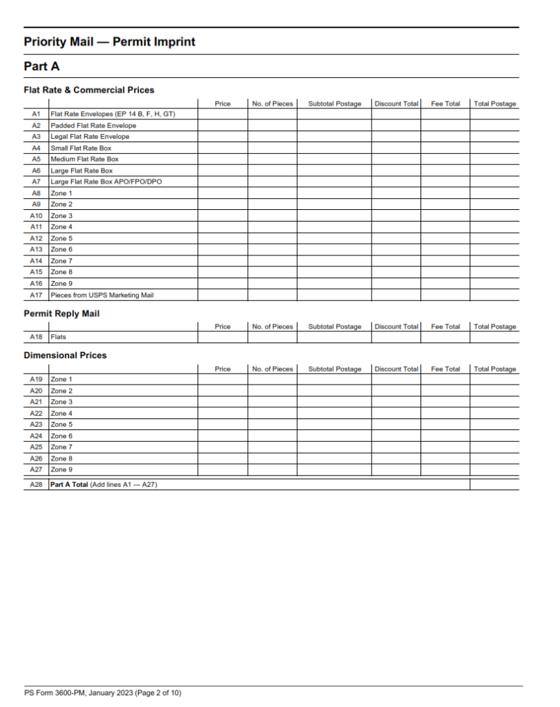 PS Form 3600PM Postage Statement Priority Mail Permit Imprint