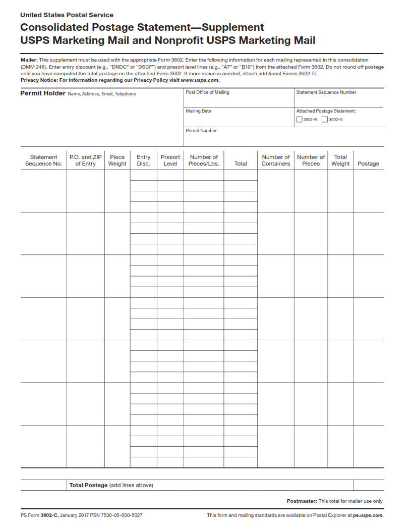 PS Form 3602-C - Consolidated Postage Statement — Supplemental USPS Marketing Mail and Nonprofit USPS Marketing Mail