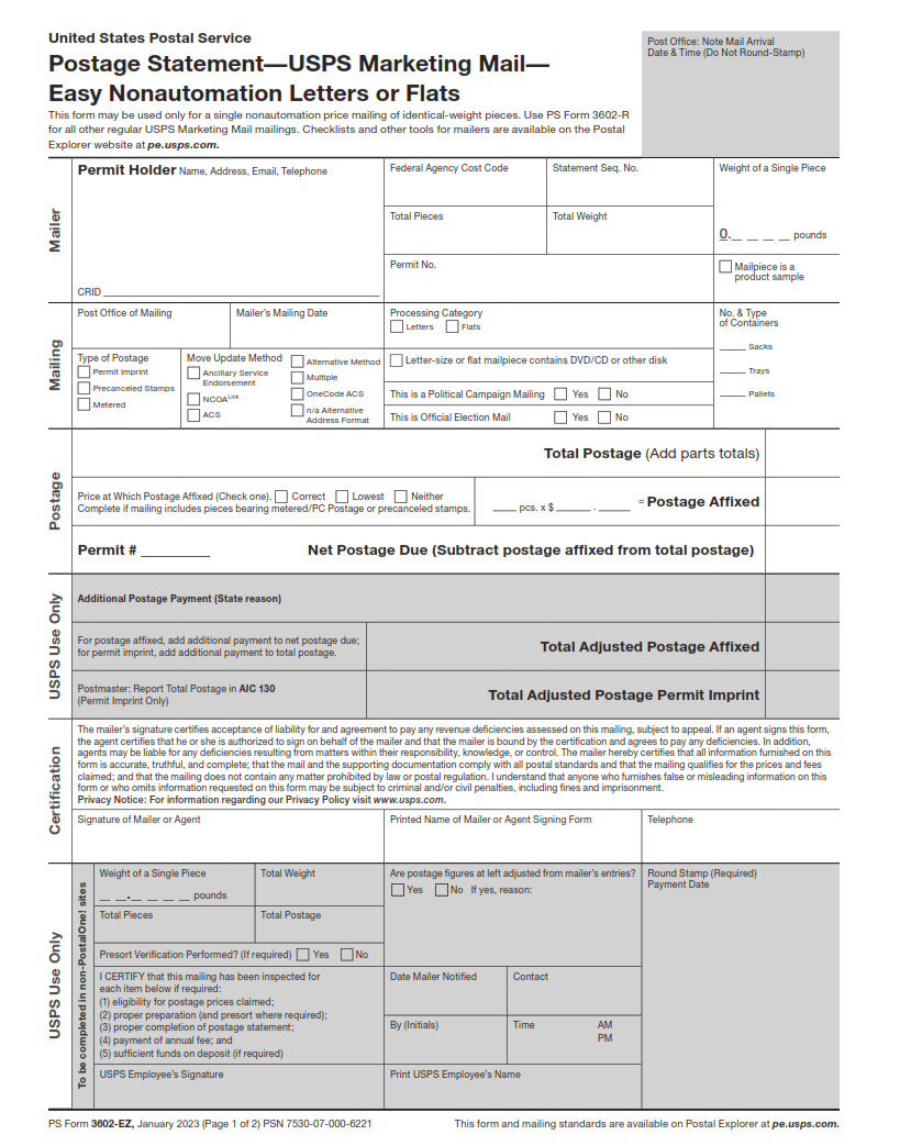 PS Form 3602 EZ Postage Statement USPS Marketing Mail Easy 