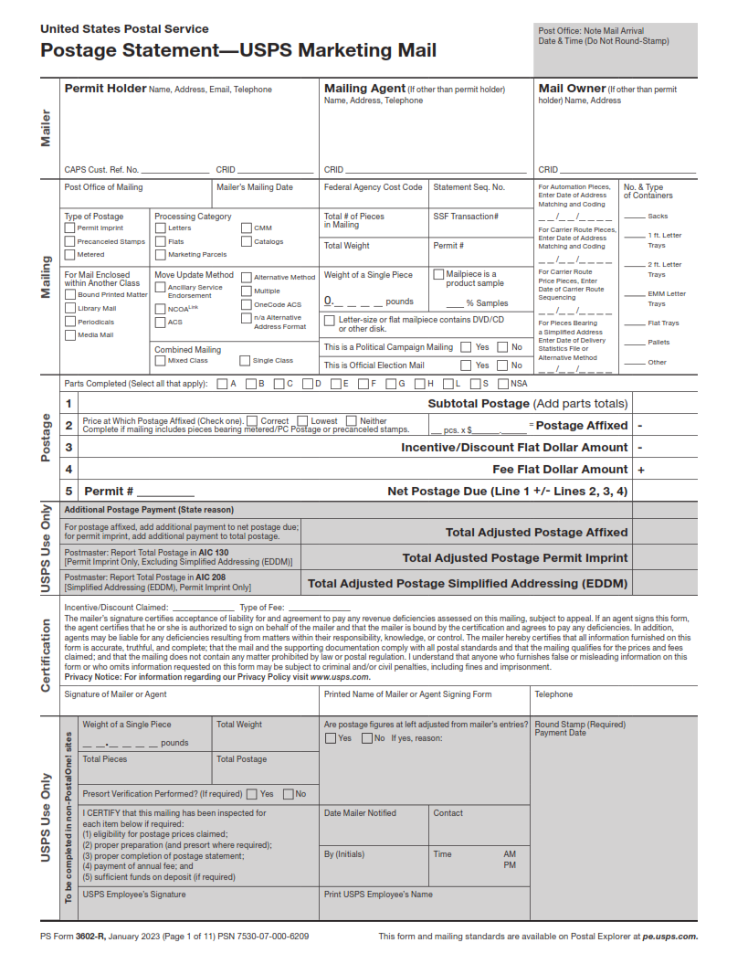 PS Form 3602-R - Postage Statement — USPS Marketing Mail Page 1
