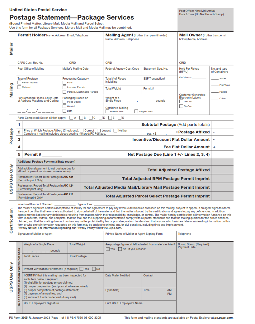 PS Form 3605-R - Postage Statement – Package Services and Parcel Select Page 1