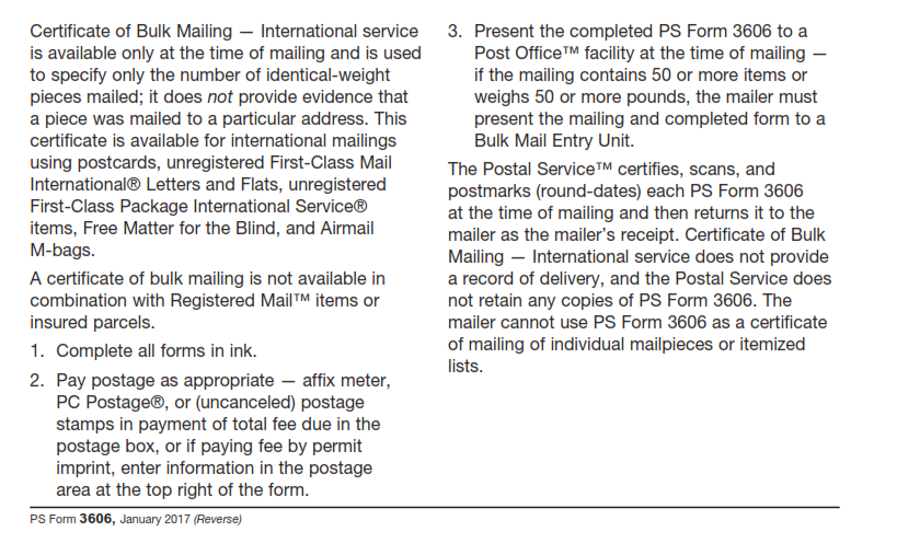 PS Form 3606 - Certificate of Bulk Mailing - International Page 2