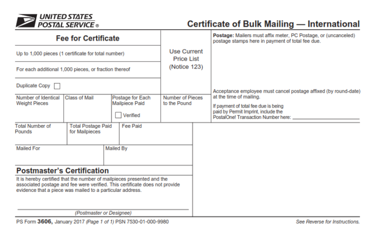 PS Form 3606 – Certificate of Bulk Mailing – International | Origin ...