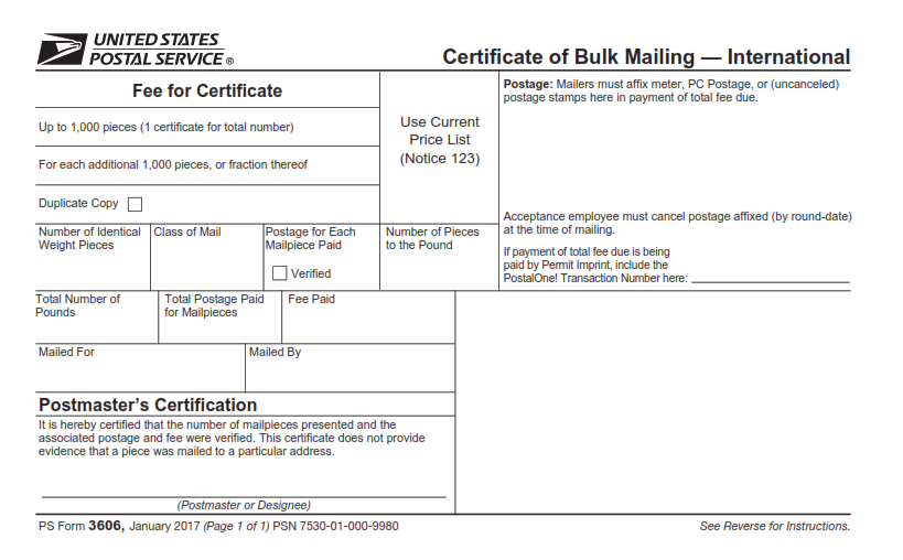 PS Form 3606 - Certificate of Bulk Mailing - International page 1