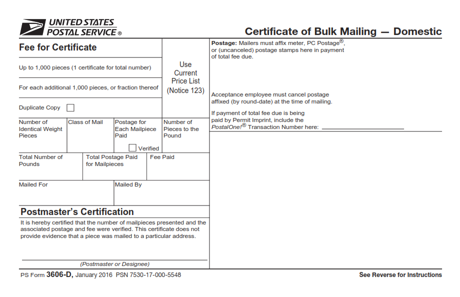 PS Form 3606-D - Certificate of Bulk Mailing - Domestic (Fillable) Page 1