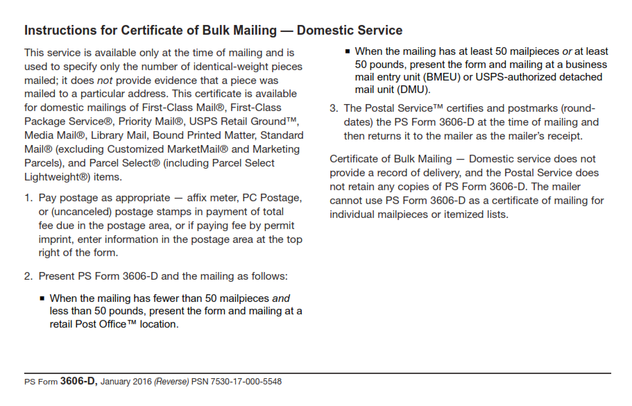PS Form 3606-D - Certificate of Bulk Mailing - Domestic (Fillable) Page 2